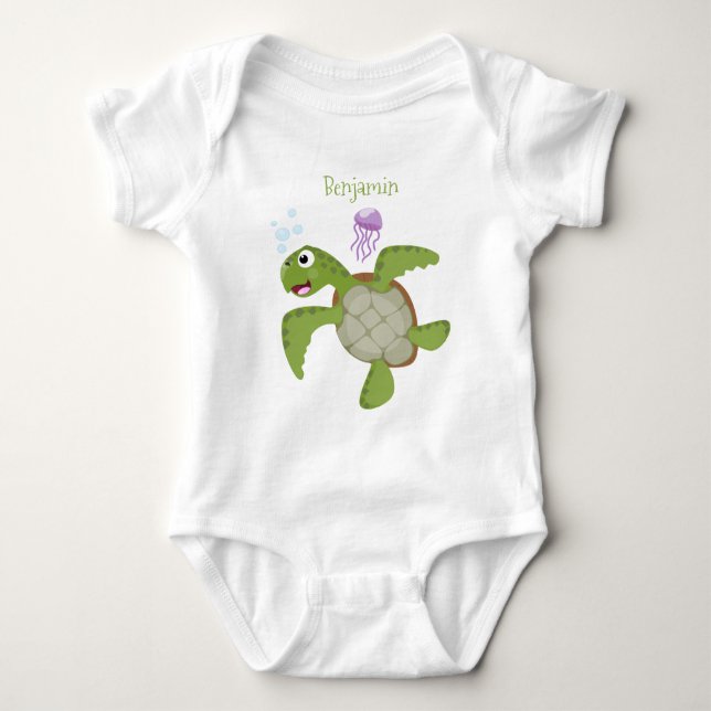 Cute green sea turtle happy cartoon illustration baby bodysuit (Front)