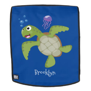 Cute green sea turtle happy cartoon illustration backpack