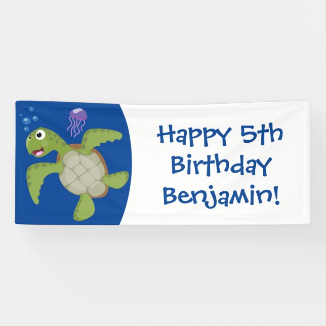 Cute green sea turtle happy cartoon illustration banner (Horizontal)