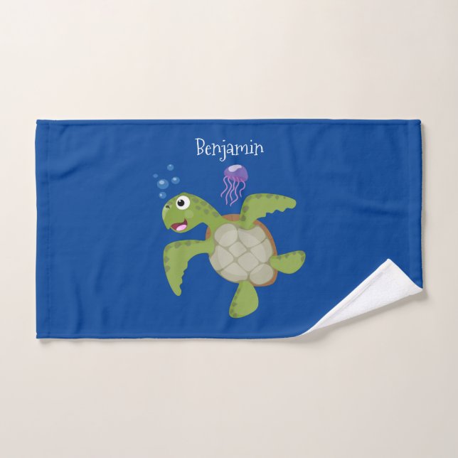 Cute green sea turtle happy cartoon illustration bath towel set (Hand Towel)