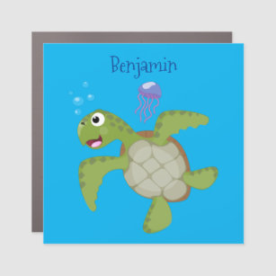 Cute green sea turtle happy cartoon illustration car magnet
