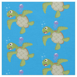 Cute green sea turtle happy cartoon illustration fabric