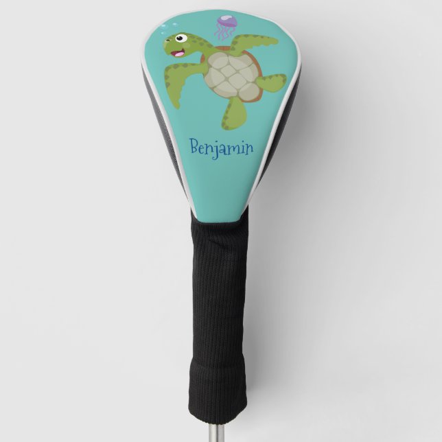 Cute green sea turtle happy cartoon illustration golf head cover (Front)