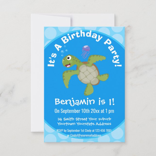 Cute green sea turtle happy cartoon illustration invitation (Front)