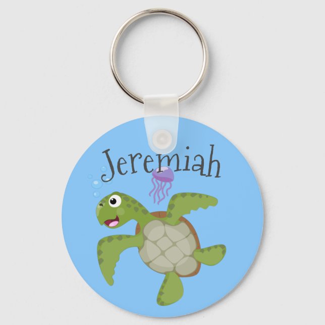 Cute green sea turtle happy cartoon illustration key ring (Front)