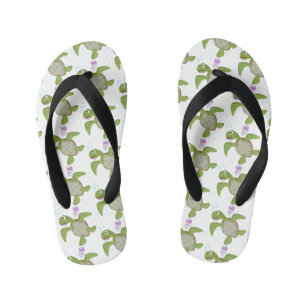 Cute green sea turtle happy cartoon illustration kid's jandals