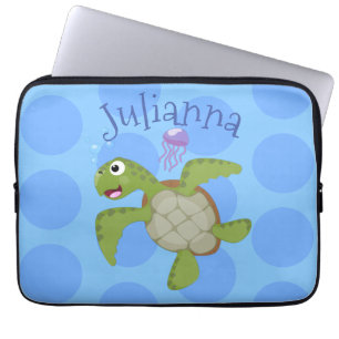 Cute green sea turtle happy cartoon illustration laptop sleeve