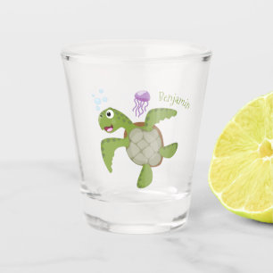 Cute green sea turtle happy cartoon illustration shot glass