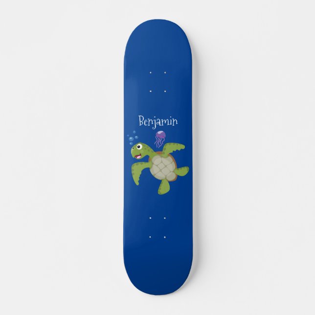 Cute green sea turtle happy cartoon illustration skateboard (Front)