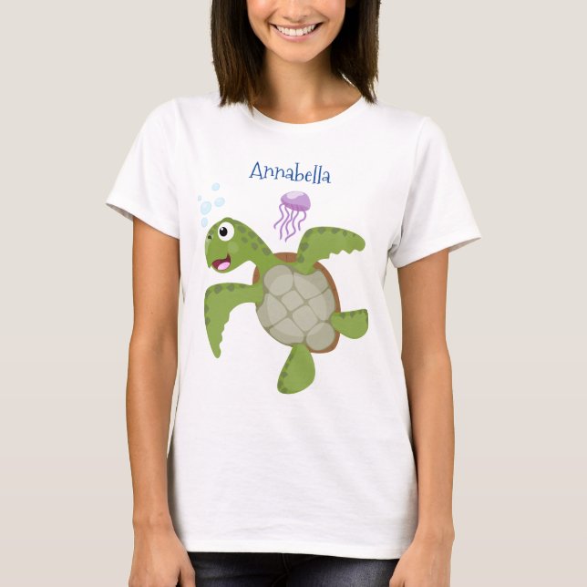 Cute green sea turtle happy cartoon illustration T-Shirt (Front)