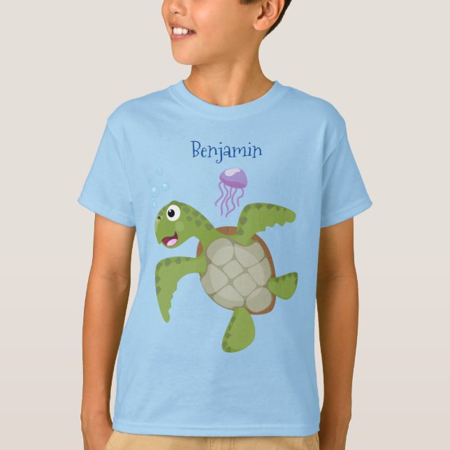 Cute green sea turtle happy cartoon illustration T-Shirt (Front)