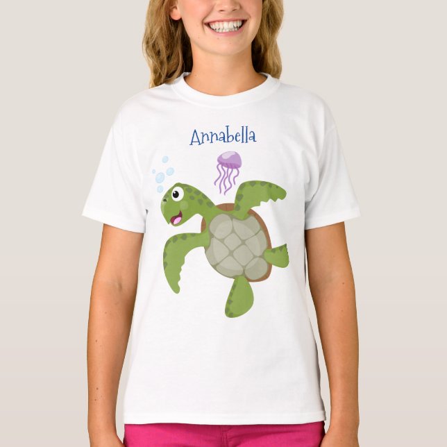 Cute green sea turtle happy cartoon illustration T-Shirt (Front)