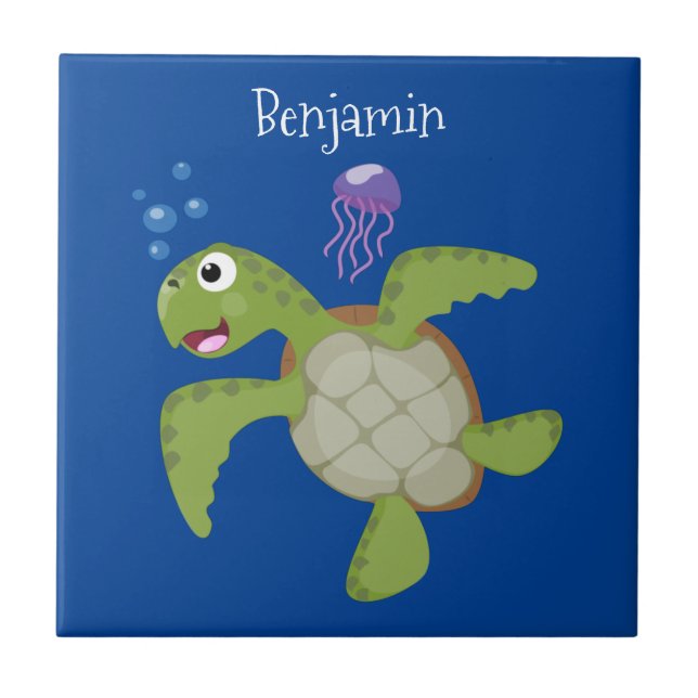 Cute green sea turtle happy cartoon illustration tile (Front)