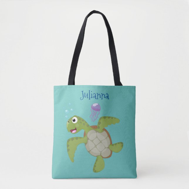 Cute green sea turtle happy cartoon illustration tote bag (Front)