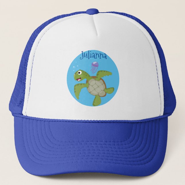 Cute green sea turtle happy cartoon illustration trucker hat (Front)