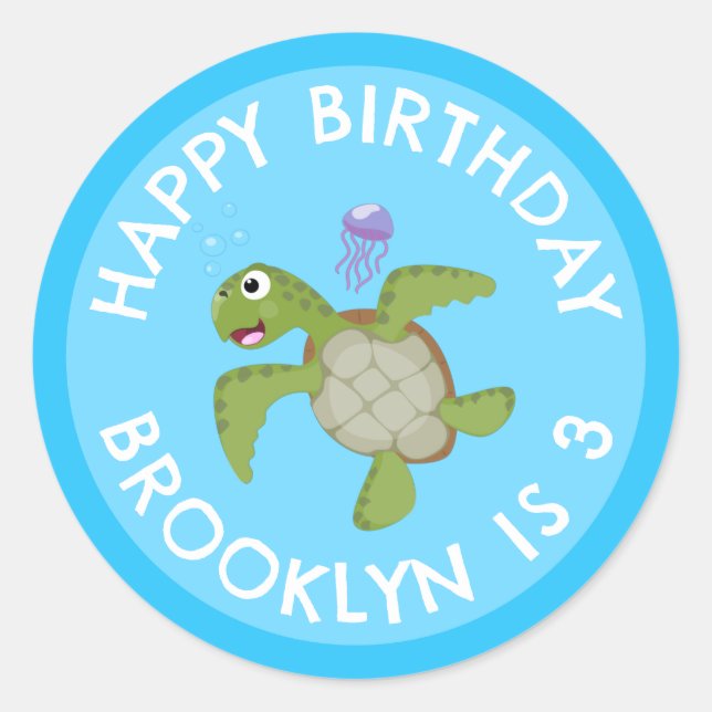 Cute green sea turtle happy cartoon personalised classic round sticker (Front)