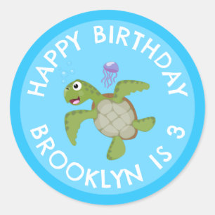 Cute green sea turtle happy cartoon personalised classic round sticker