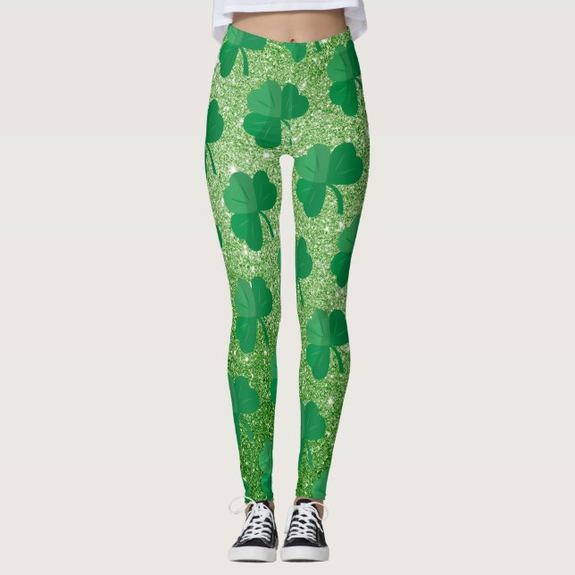 Cute Green Shamrock St Patricks Day Irish Glitter Leggings (Front)