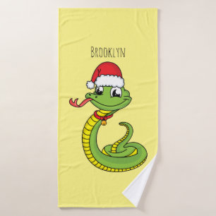 Cute green snake with santa hat cartoon bath towel set