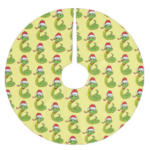 Cute green snake with santa hat cartoon brushed polyester tree skirt