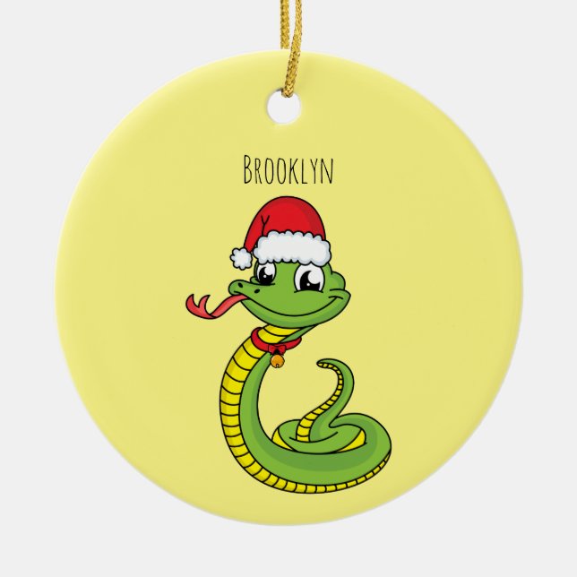 Cute green snake with santa hat cartoon ceramic tree decoration (Front)