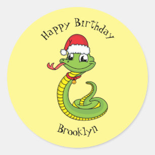 Cute green snake with santa hat cartoon classic round sticker