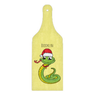 Cute green snake with santa hat cartoon  cutting board
