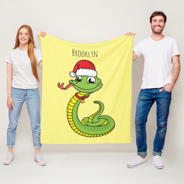 Cute green snake with santa hat cartoon fleece blanket (In Situ)