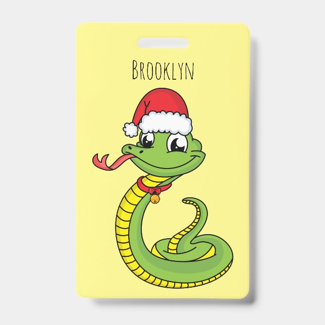 Cute green snake with santa hat cartoon ID badge (Front)