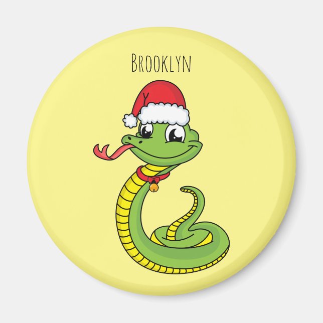 Cute green snake with santa hat cartoon magnet (Front)