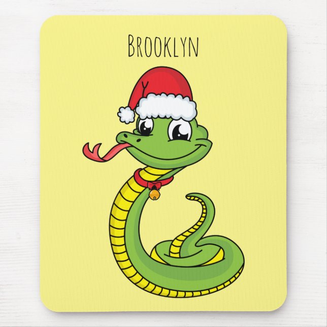 Cute green snake with santa hat cartoon mouse pad (Front)