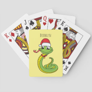 Cute green snake with santa hat cartoon playing cards