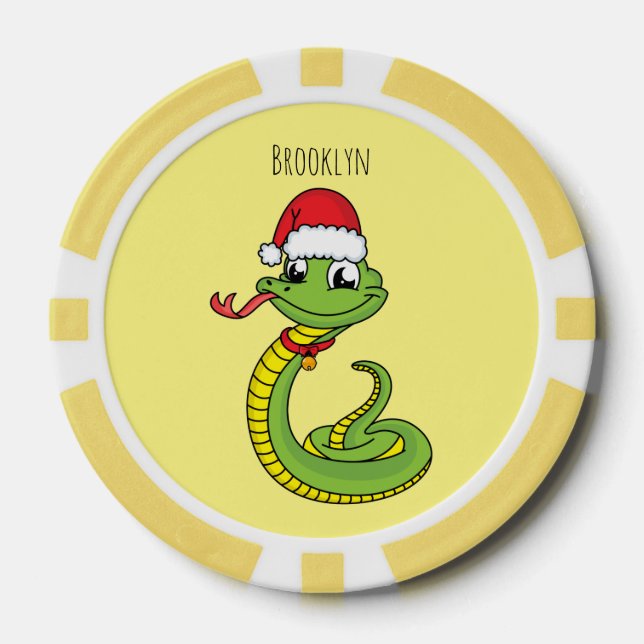 Cute green snake with santa hat cartoon poker chips (Front)
