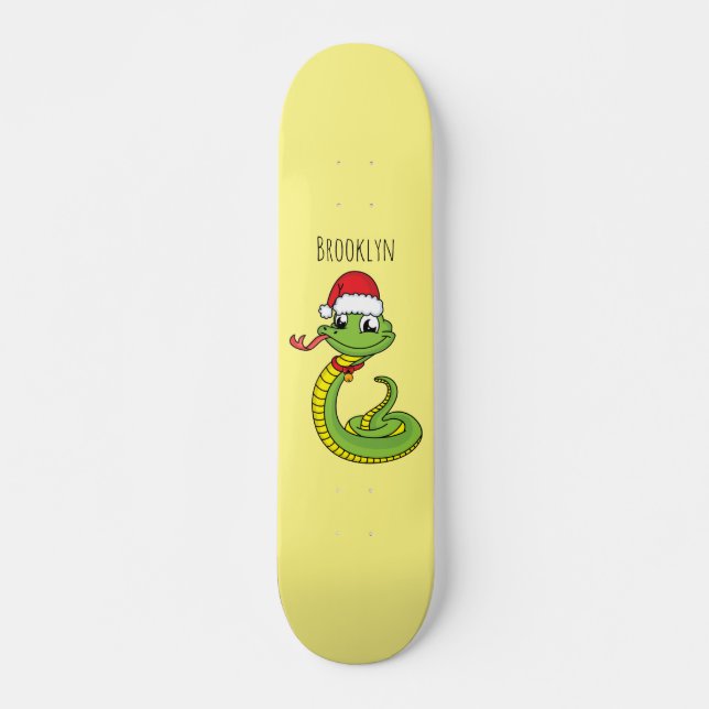 Cute green snake with santa hat cartoon skateboard (Front)