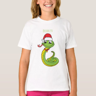 Cute green snake with santa hat cartoon T-Shirt