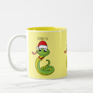 Cute green snake with santa hat cartoon Two-Tone coffee mug