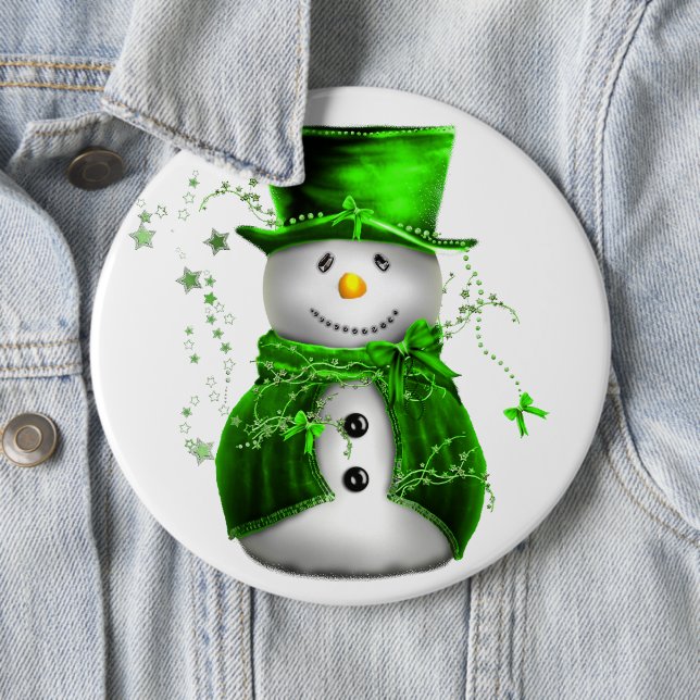 Cute Green Snowman Christmas Button (In Situ)