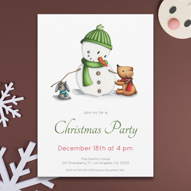 Cute Green Snowman Christmas Party Invitation (Creator Uploaded)