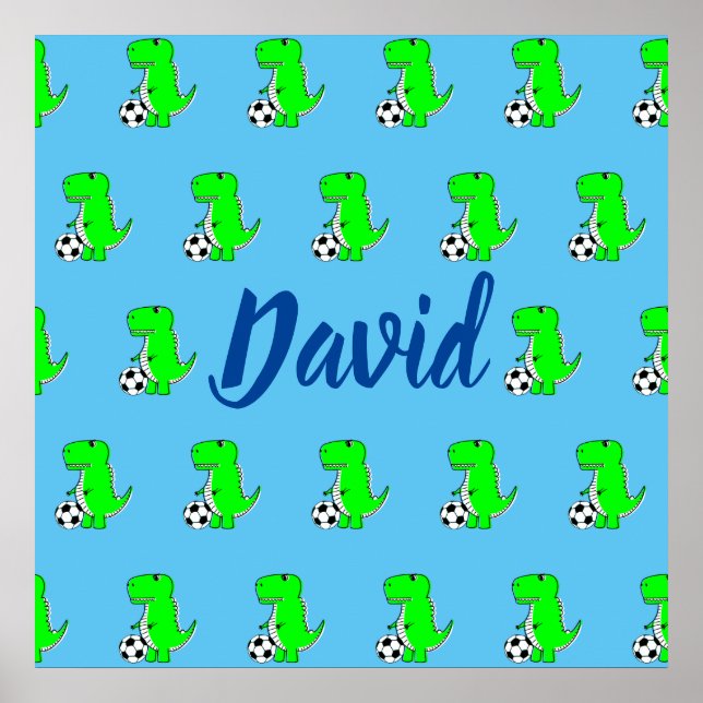 Cute Green Soccer Dino T-Rex On Blue Poster (Front)