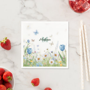 Cute Green Spring Flower Wildflower Bouquet Monogr Napkin