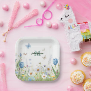 Cute Green Spring Flower Wildflower Bouquet Monogr Paper Plate