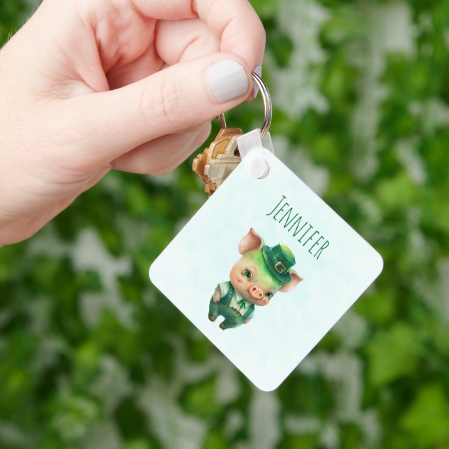 Cute Green St. Patrick's Day Pig Key Ring (Hand)