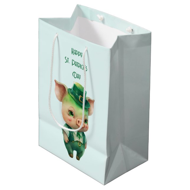 Cute Green St. Patrick's Day Pig Medium Gift Bag (Front Angled)