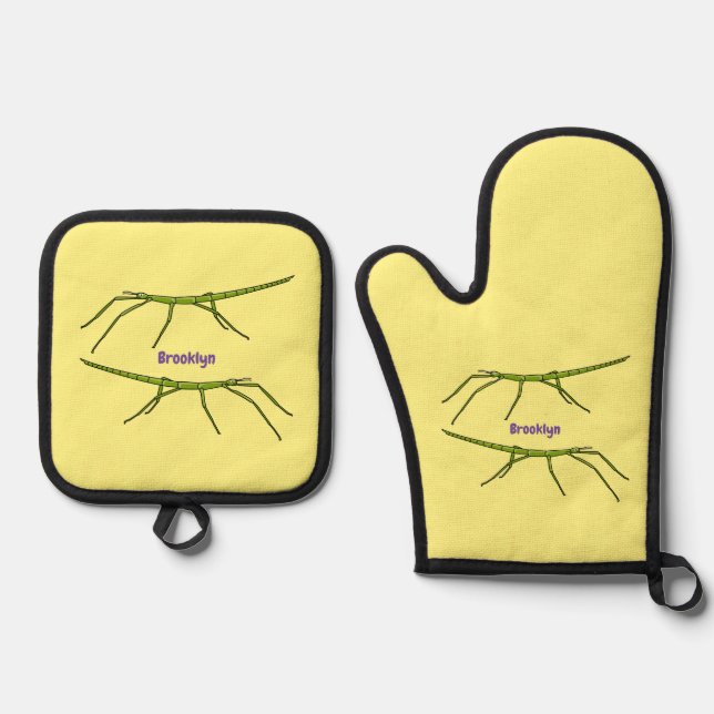 Cute green stick insects with happy faces cartoon oven mitt & pot holder set (Front)