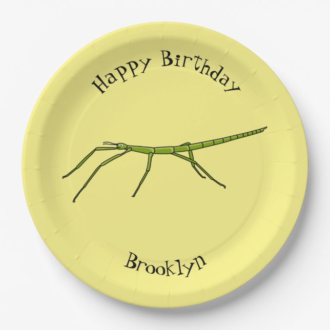 Cute green stick insects with happy faces cartoon paper plate (Front)