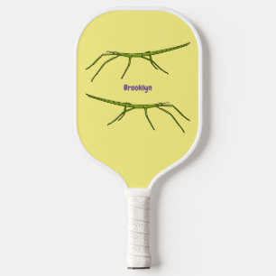 Cute green stick insects with happy faces cartoon pickleball paddle