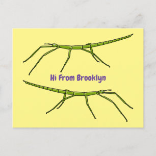 Cute green stick insects with happy faces cartoon postcard