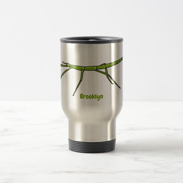 Cute green stick insects with happy faces cartoon travel mug (Center)