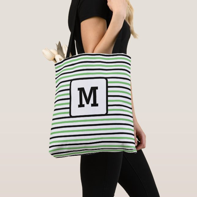 Cute Green Stripes Custom Single Initial Black Tote Bag (Close Up)