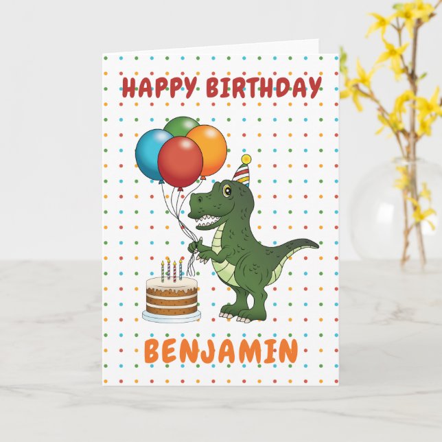 Cute Green T-rex Dinosaur Colourful Happy Birthday Card (Yellow Flower)